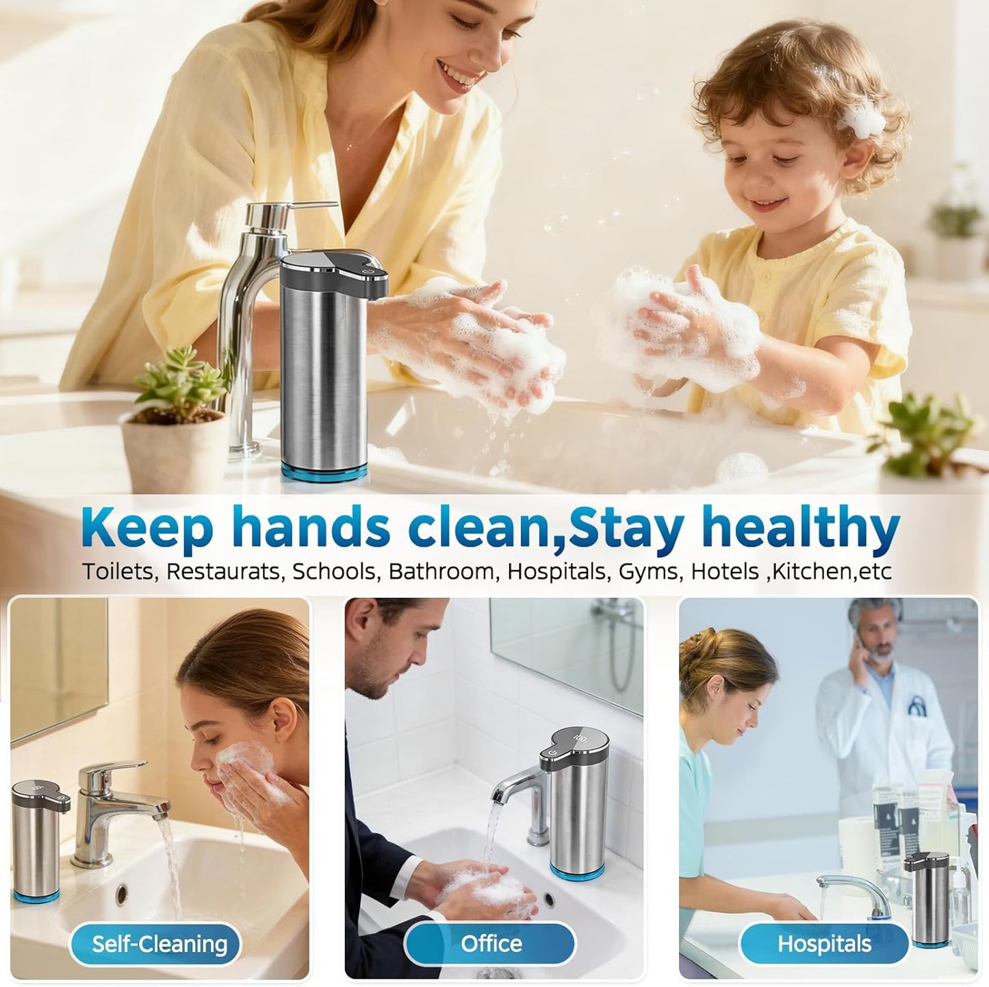 Automatic Foaming Soap Dispenser,Touchless Foam Soap Dispenser,12oz Rechargeabled Wall Mounted Smart for Bathroom and Kitchen Dish Soap,Easy for Toddlers（Brushed Silver）
