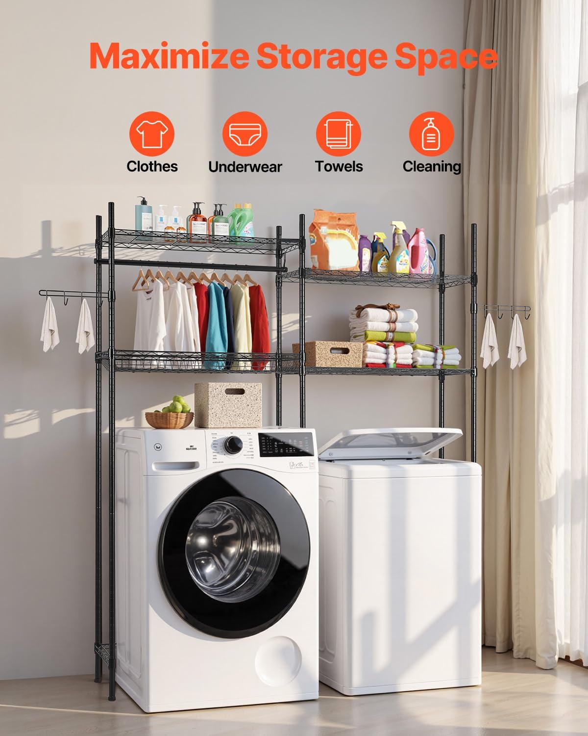 VEVOR Over The Washer and Dryer Storage Shelf, 3 Tier Laundry Room Drying Rack with Hanger Rod and Hooks, Adjustable Over Washer and Dryer Shelves, Laundry Room Shelf Storage Space Saver, Black