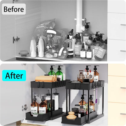 2 Pack black Under Sink Organizers and Storage, 2-Tier Sliding Cabinet Basket Organizer with Hooks, Multi-Purpose Under Sink Organizers and Storage for Bathroom Kitchen