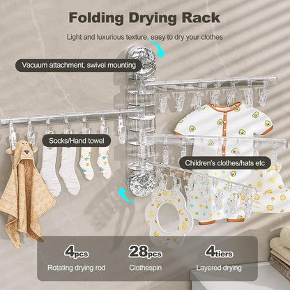 Clothes Drying Rack Wall Mounted, Clothes Drying Rack Folding with Clip, 180° Rotation, Balcony Drying Rack Dryer, Space Saver for Socks, Underwear, Rags, Towels