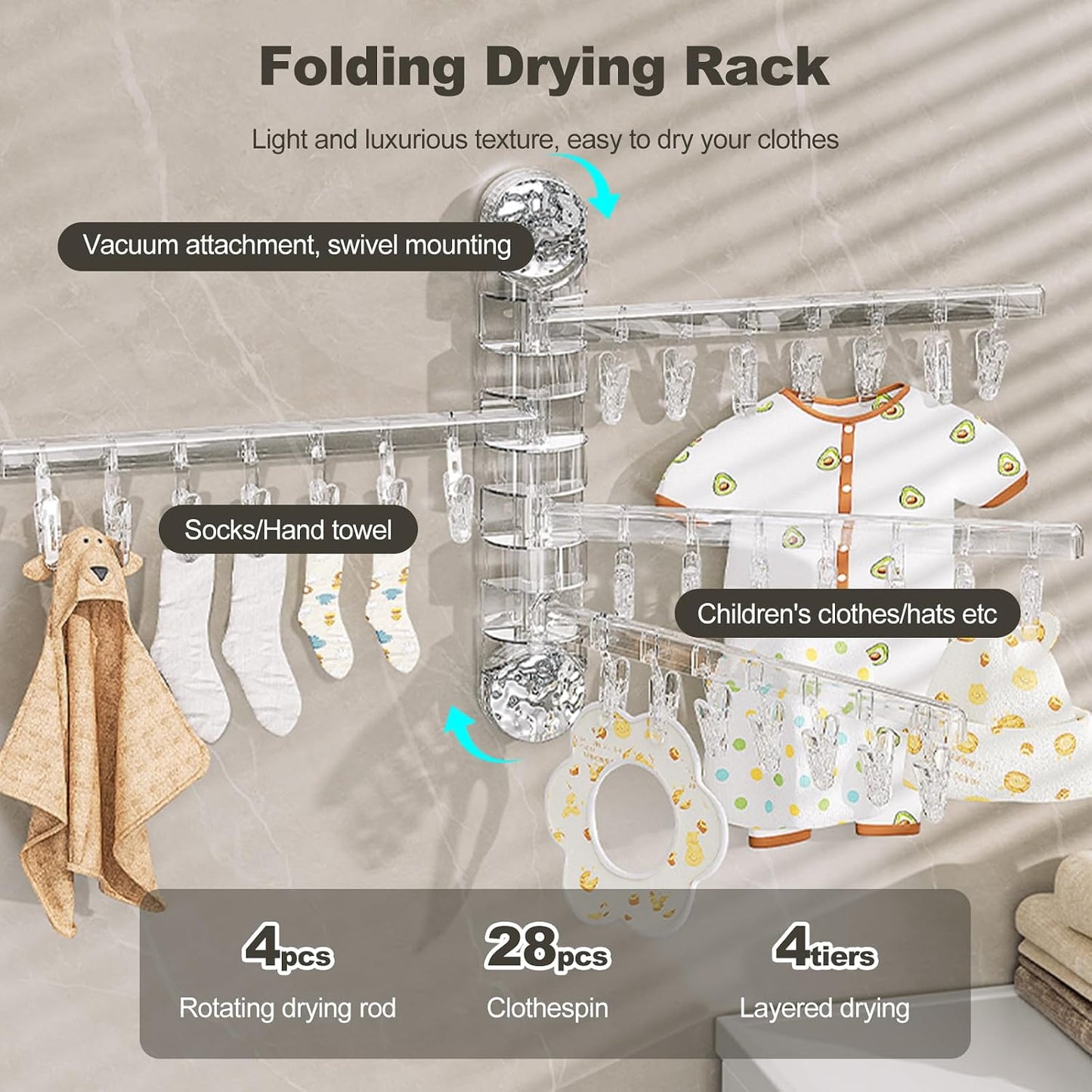 Clothes Drying Rack Wall Mounted, Clothes Drying Rack Folding with Clip, 180° Rotation, Balcony Drying Rack Dryer, Space Saver for Socks, Underwear, Rags, Towels