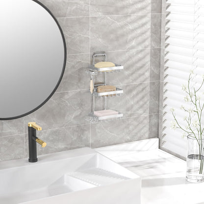 Moforoco Double Soap Bar Holder for Shower, No Drilling, 304 Stainless Steel, Wall Mounted Soap Holder with 4 Hooks and Razor Holder, Shower Rack Soap Tray Bar Soap for Bathroom Accessories Organizer
