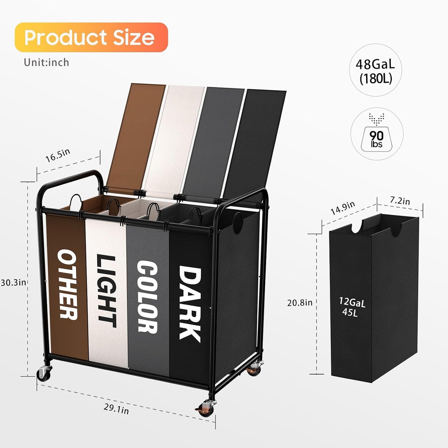 180L (47.55 Gal) Laundry Sorter 3 Section, Rolling Laundry Basket with Lockable Wheels and Lid, Laundry Hamper with 3 Separated Removable Bags Dirty Clothes Hamper for Laundry Room Organizer, Black