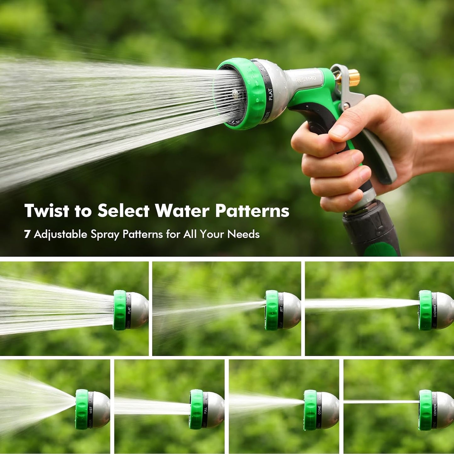 RESTMO Garden Hose Nozzle Heavy Duty, Leak-proof Water Hose Sprayer | 7 Adjustable Spray Patterns, Durable Metal, Flow Control, Ideal for Plants & Lawns Watering, Cars & Pets Washing, Green