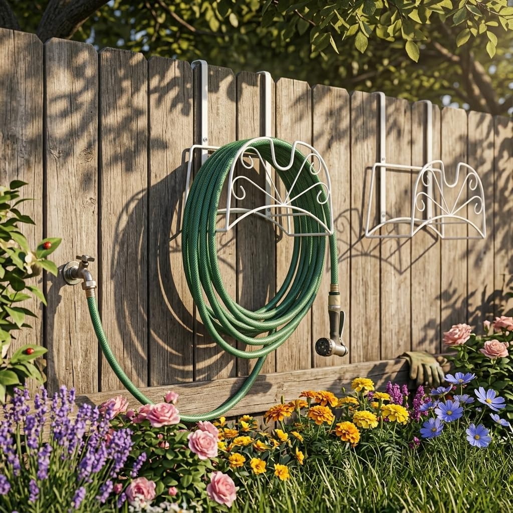 Garden Hose Holder, Sturdy Hose Storage Organizer Reel Rack for Outside Garden Lawn Yard Farm -Wall Mount Or Hanger (White)