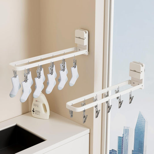2 Pack Wall Mounted Suction Cup Clothes Drying Rack with 20 Clips, Portable & Collapsible Sock Hanger for Drying Socks, Bras, Underwear, Baby Clothes,Towels