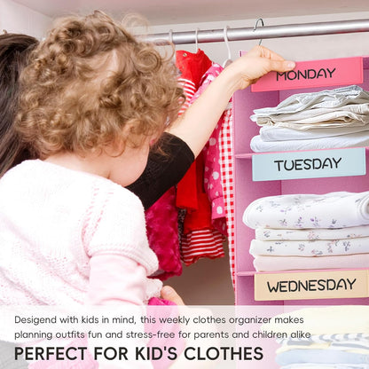 Weekly Hanging Closet Organizer for Kids, 6-Shelf Clothes Storage with Labeled Days of The Week Monday Through Friday, Weekday and Weekend, Days of The Week Clothes Organizer