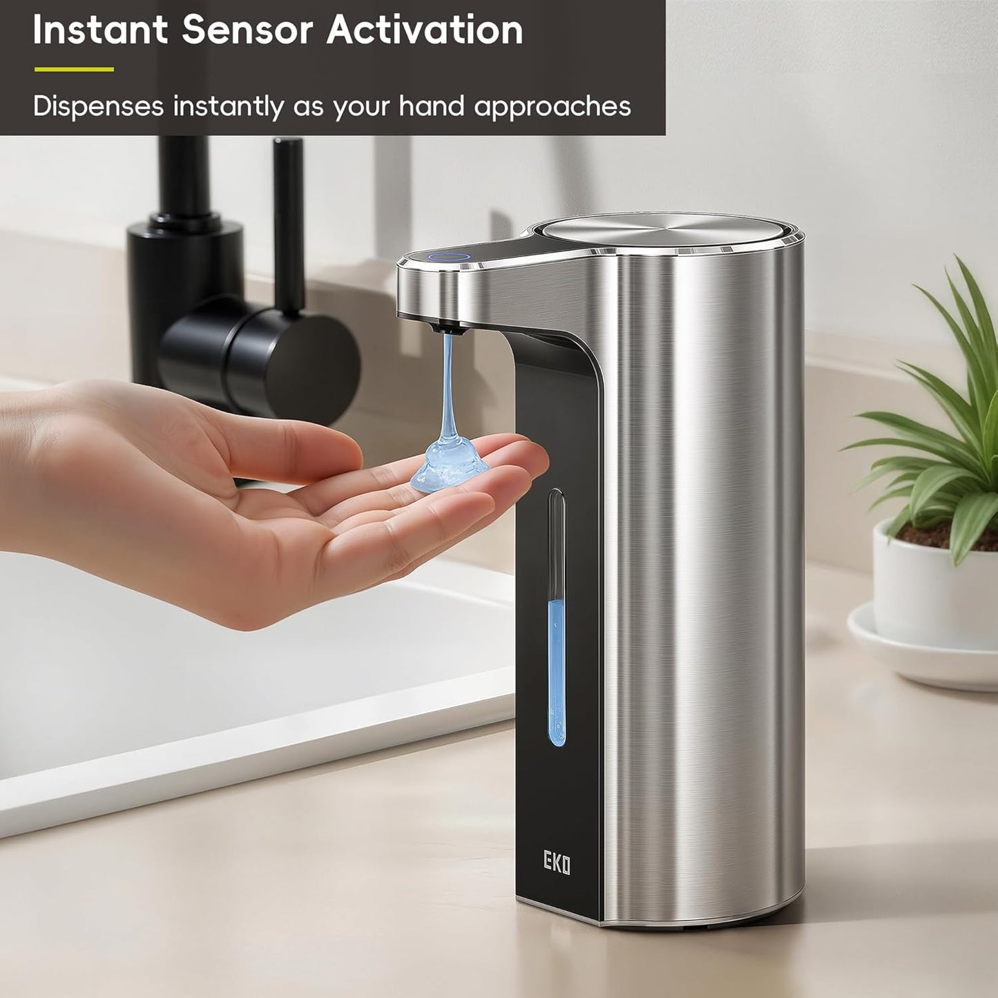 EKO Aroma 9 fl oz Automatic Liquid Soap Dispenser, Rechargeable & Water-Resistant Soap Dispenser for Kitchen and Bathroom with Adjustable Volume Control (Matte Black Steel)