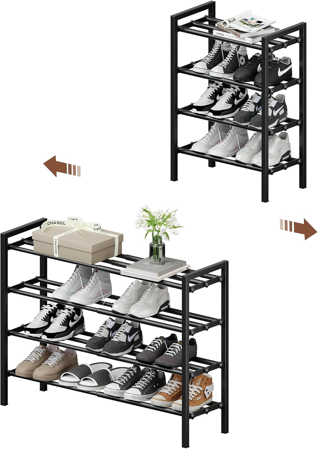 2 Tier Shoe Rack - Expandable Shoe Organizer for Closet, Adjustable Metal Shoe Shelf Storage, Stackable Long Shoe Stand Holder for Garage, Entryway, Door Entrance
