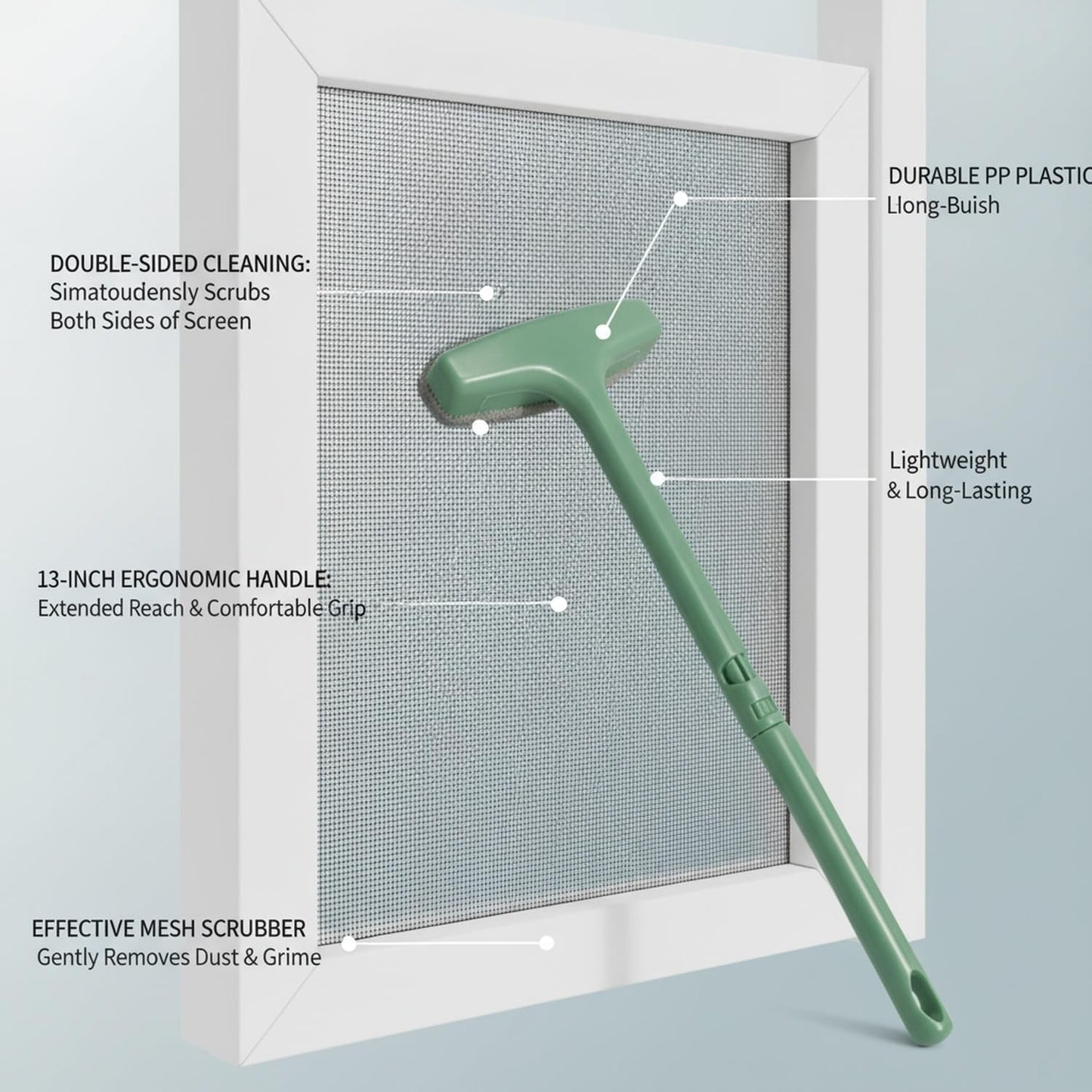Window Screen Cleaning Brush, Double-Sided Mesh Tool with 13-Inch Handle for in-Place Maintenance, PP Plastic