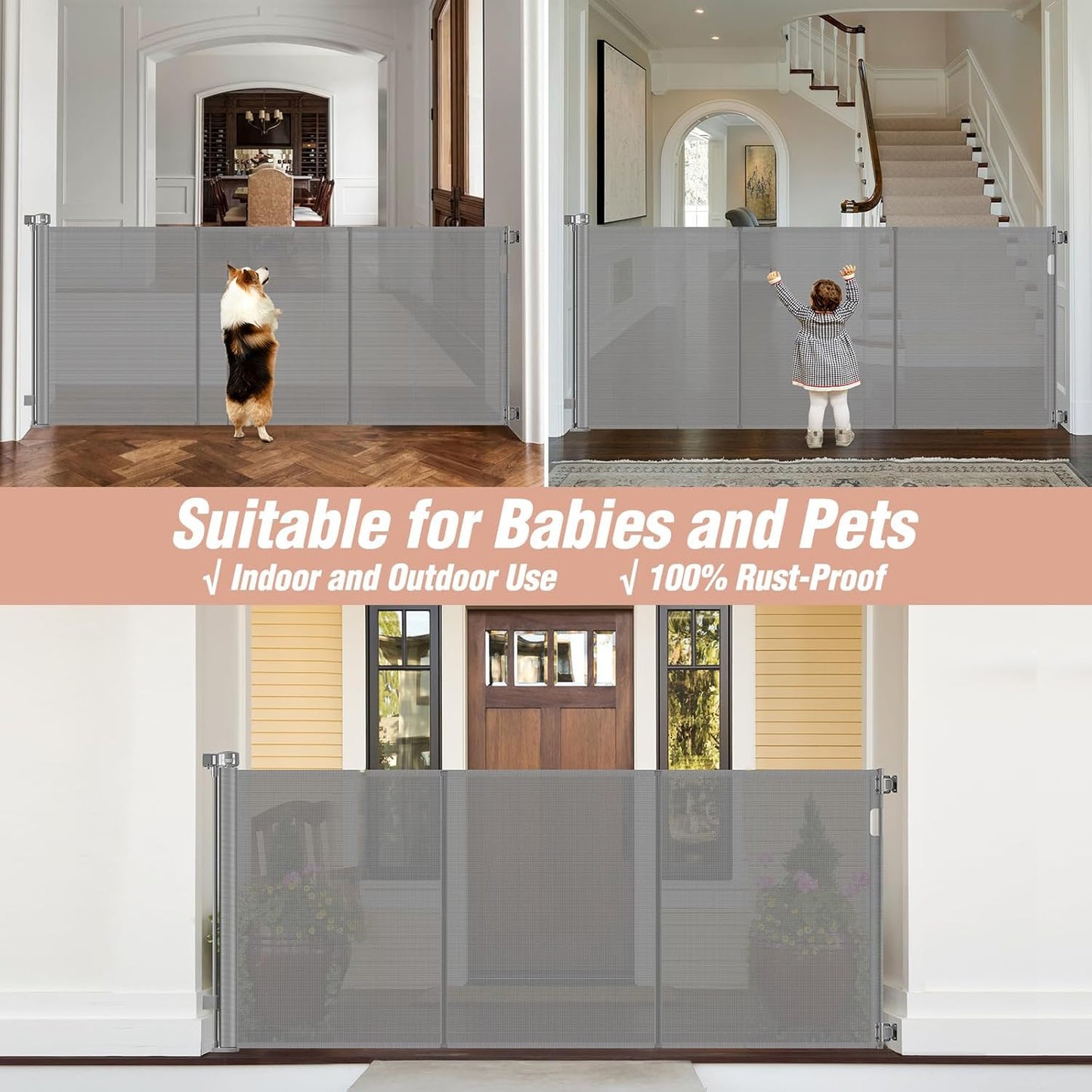 Newly Enhanced - 42" Tall × 120" Extra Wide Retractable Baby Gate Keeps Pets from Getting Under Tall Dog Gate, Indoor/Outdoor Baby Gates for Dogs, Retractable Dog Gate for Large Openings, White
