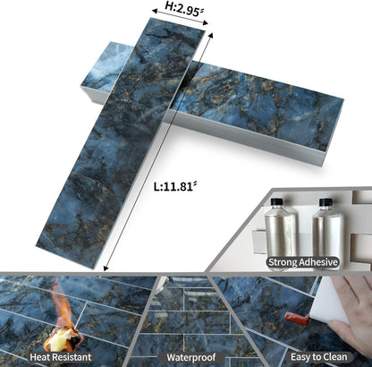 AULIGET 40-Piece Polished White Marble with Gold Peel and Stick Backsplash Wall Tiles, 3" x 12" PVC Faux Stone Stick on Tiles for Backsplash Kitchen, Bathroom, Laundry Room, Camper, Fireplace