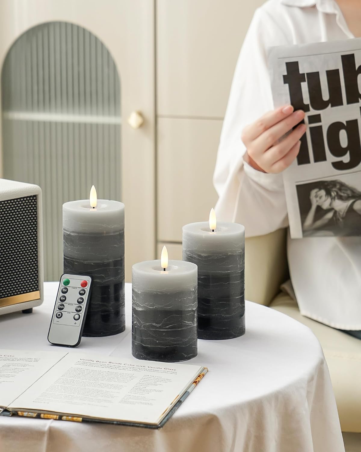 Stmarry White Flameless Candles with Remote and Timer, Real Wax Made LED Pillar Candles Battery Operated with 3D Flickering Flame - 3" x 4",5",6" - Set of 3