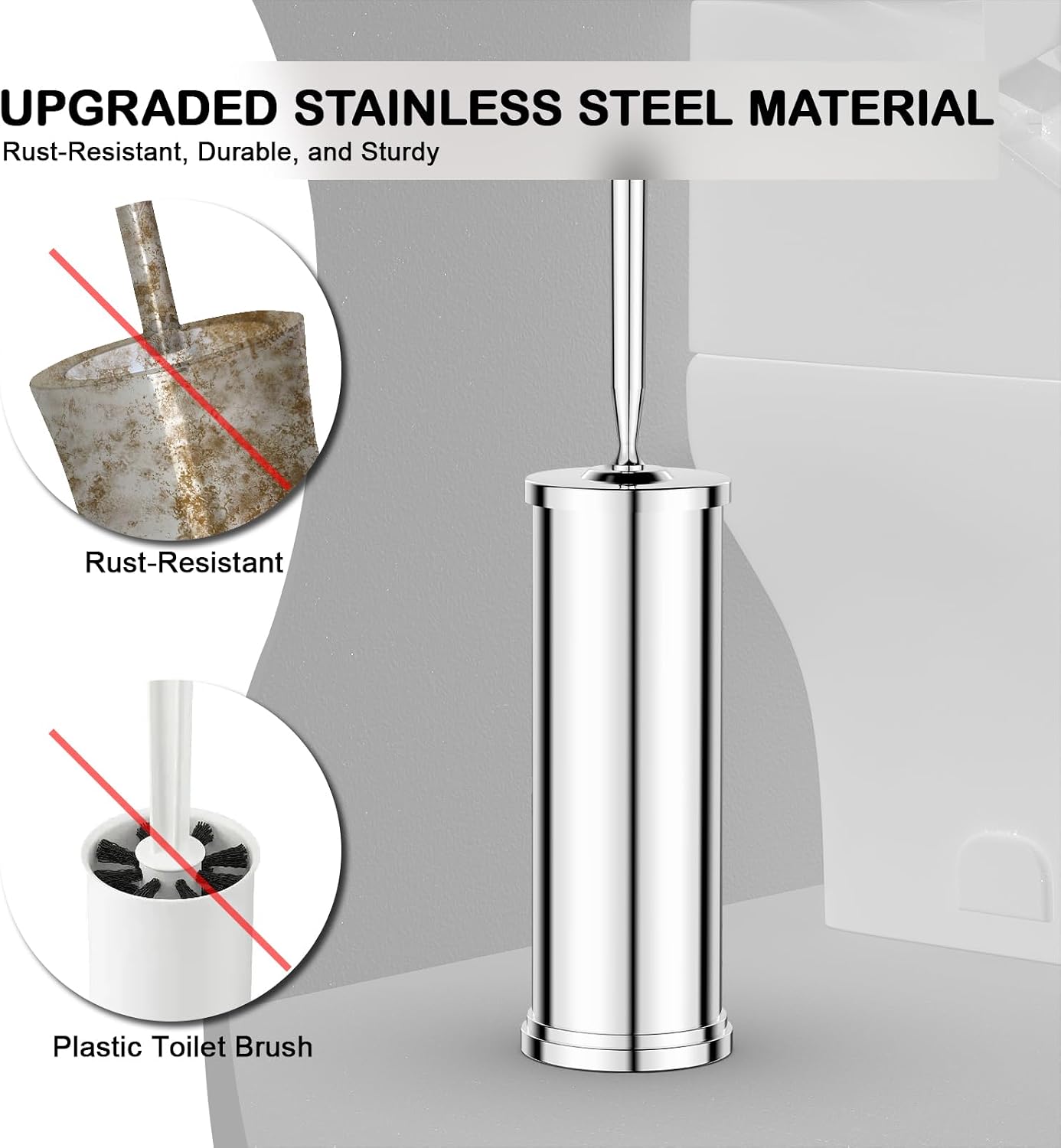 Stainless Steel Toilet Brush and Holder Set : Weighted Stable Base, Removable Inner Tube.Long Handle Toilet Bowl Brush Splash-Proof Design for Deep Cleaning & Space-Saving Storage,Nickel