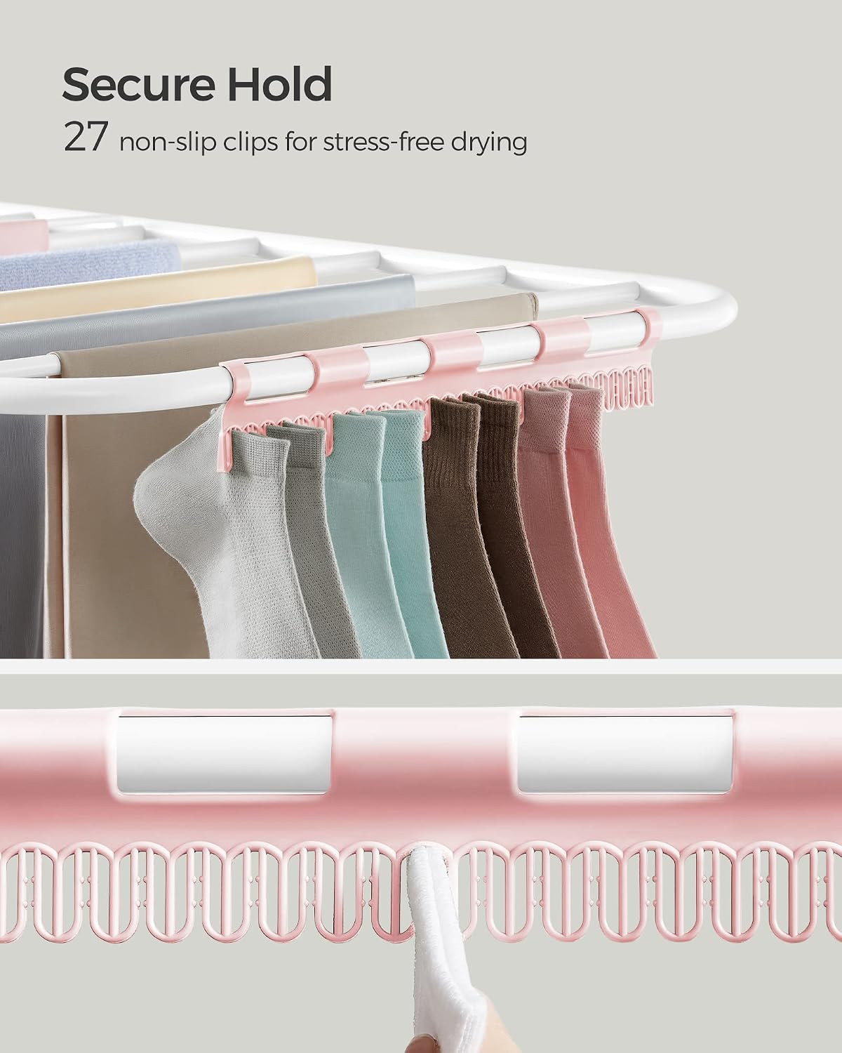 SONGMICS Clothes Drying Rack, with Sock Clips, Metal Laundry Rack, Foldable, Space-Saving, Free-Standing Airer, with 2 Height-Adjustable Gullwings, Indoor Outdoor Use, Gray ULLR052G01