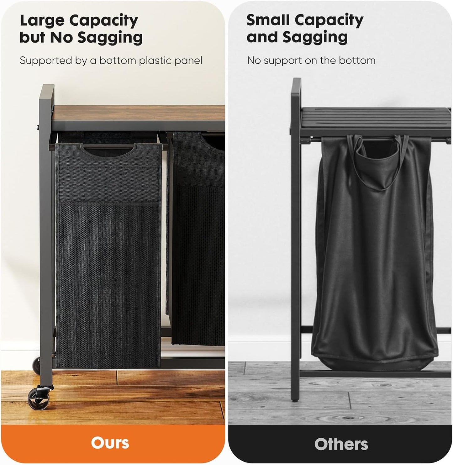 DUMOS Laundry Hamper with 3 Pull-Out Removable Sorter Bags, Movable Wheels, Freestanding Clothes Basket Organizer in Bathroom, 3 × 10.6 Gal (120L) Capacity, Rustic Brown and Black