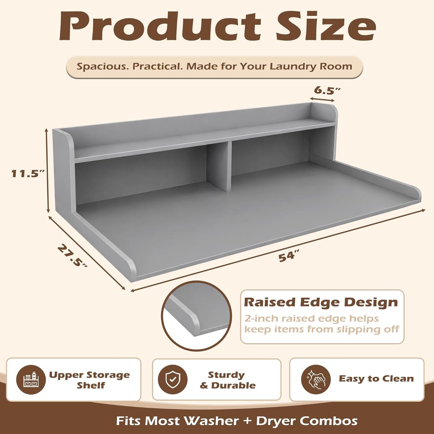 Royxen Laundry Countertop with 2-Tier Shelf Universal Fit, Washer and Dryer Countertop with Storage Space, Shelf Height 11.5 Inches, Solid Wood Core, Oak