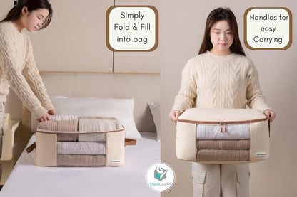 Chaos Cleared Canvas Storage Bags Designer Organizer for Comforters 2 Pack – Seasonal Storage for Pillows, Blankets, Linens & Garments – Foldable Design with Zip & Window, Moth-Proof Space Saver