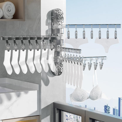 Clothes Drying Rack Wall Mounted, Clothes Drying Rack Folding with Clip, 180° Rotation, Balcony Drying Rack Dryer, Space Saver for Socks, Underwear, Rags, Towels