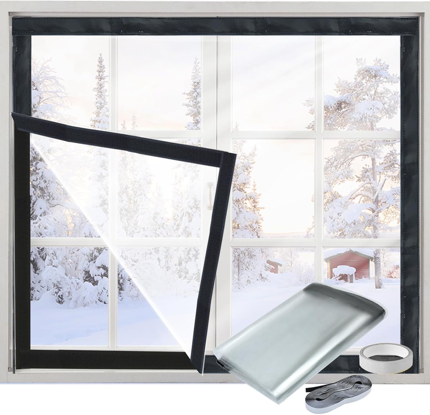 Window Insulation Kit for Winter Adjustable Plastic Insulated Window Cover Sealer Reusable Thermal Thicken Clear Insulation Wrap Transparent Film with Hook and Loop Tape for Winterizing 48'' x 63''