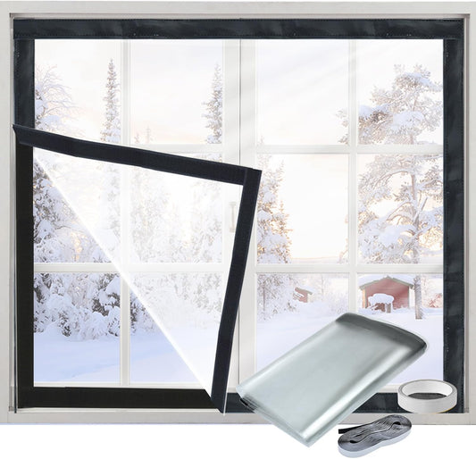 Window Insulation Kit for Winter Adjustable Plastic Insulated Window Cover Sealer Reusable Thermal Thicken Clear Insulation Wrap Transparent Film with Hook and Loop Tape for Winterizing 48'' x 63''