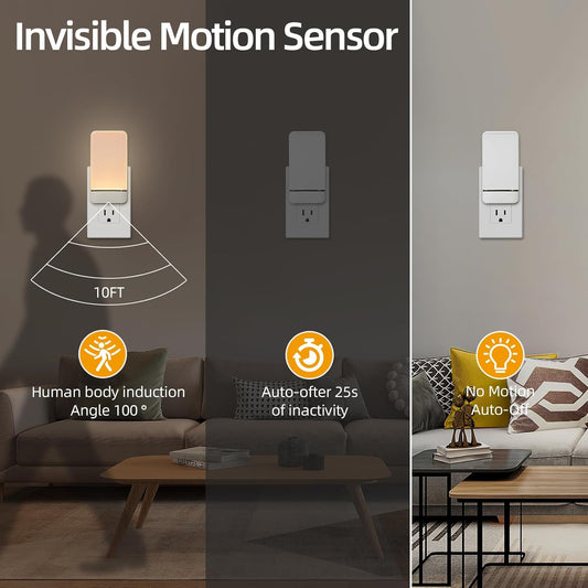 Dawnrise Night Lights Plug into Wall, Invisible Motion Sensor Night Light, Soft Warm or Cool White Selectable, Brightness Adjustable, LED Night Lights for Bedroom, Bathroom, Stairs, Hallway, 4 PK