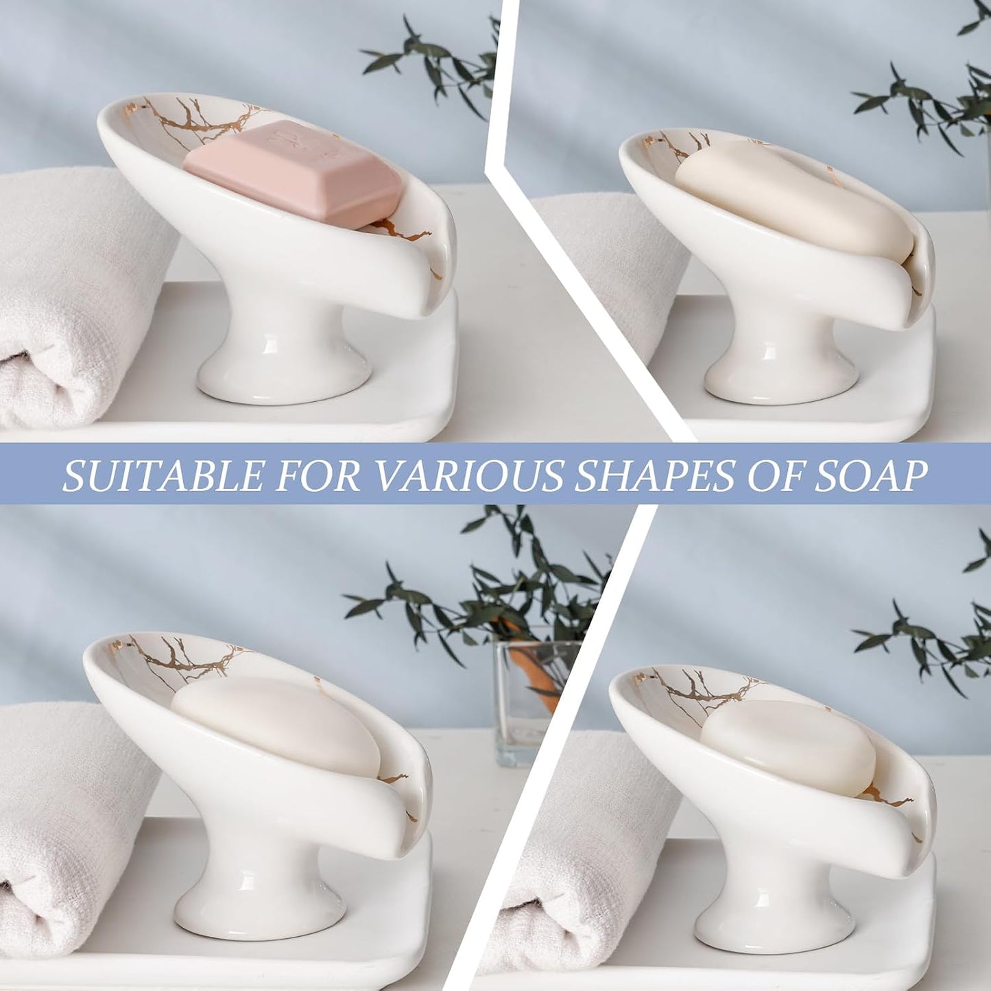 Small Soap Dish, Self Draining Bar Soap Holder for Bathroom Sink, Leaf Shaped Drainage Ceramic with Marble-Pattern Finish, Decorative Soap Dish, No Suction Cup, ANTIS'S HOME
