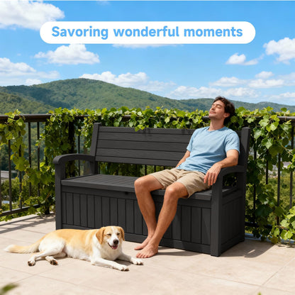80 Gallon Outdoor Storage Bench, Heavy Duty Deck Box with Stripe Texture, Waterproof Resin Patio Seating for Cushions & Garden Tools, Lockable, 2-Person Capacity, 51"x 24"x 35", Black