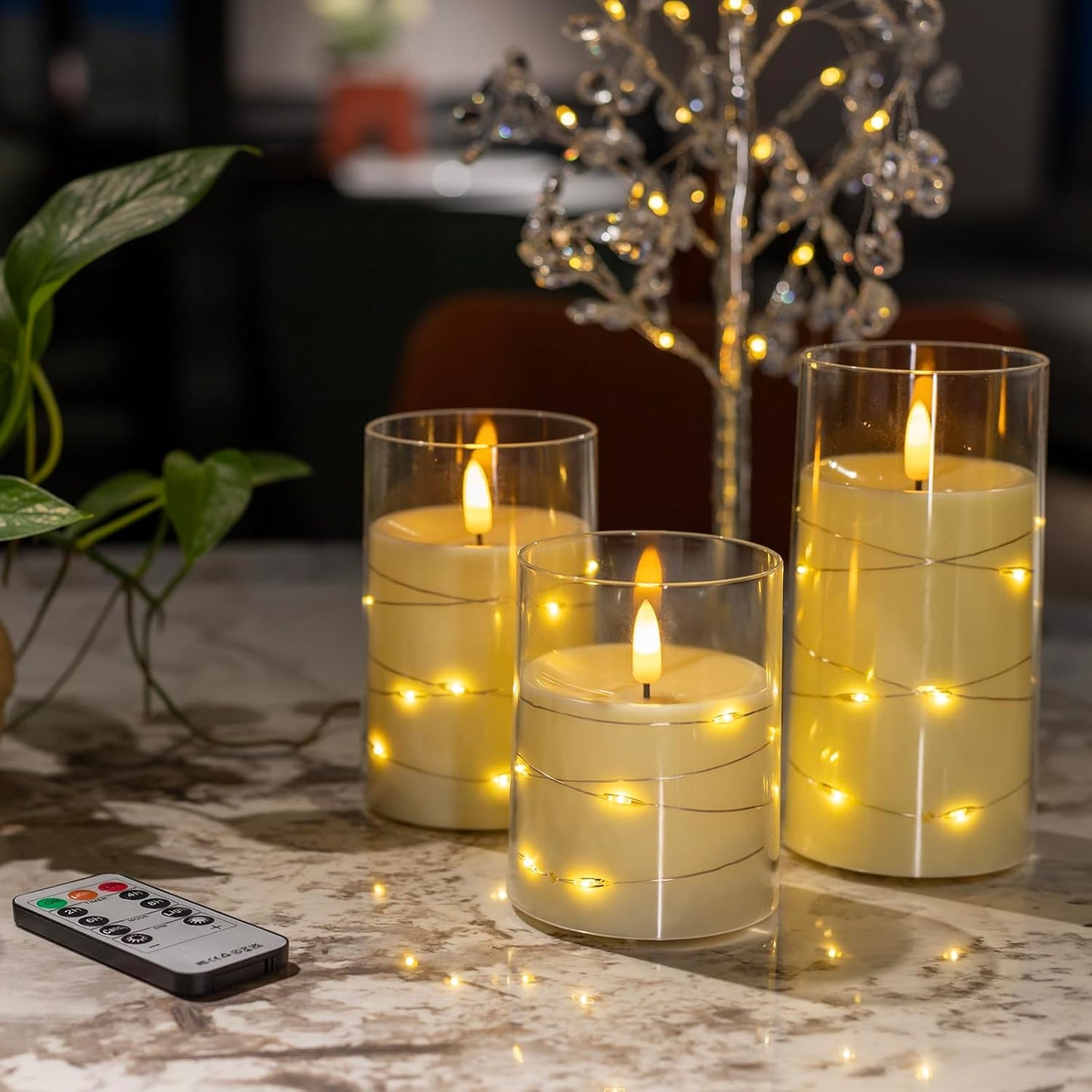 Blue Flameless Candles with Remote, Real Wax Glass Battery Operated Candles with Timer, LED Pillar Candle for Bedroom Home Wedding Birthday Party Fall Halloween Christmas Decorations, Set of 3