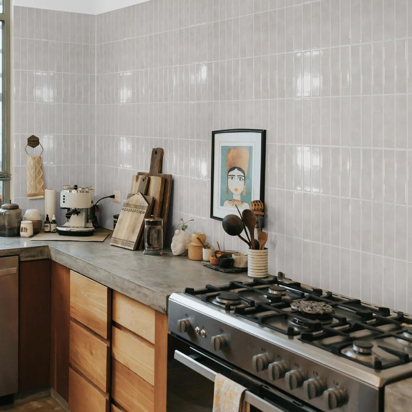 LONGKING 10-Sheet Thickened Peel and Stick Subway Tile Backsplash for Kitchen, Vertical Strip Design, Marble Tile, Waterproof Wall Sticker for Kitchen & Bathroom, Beige&White