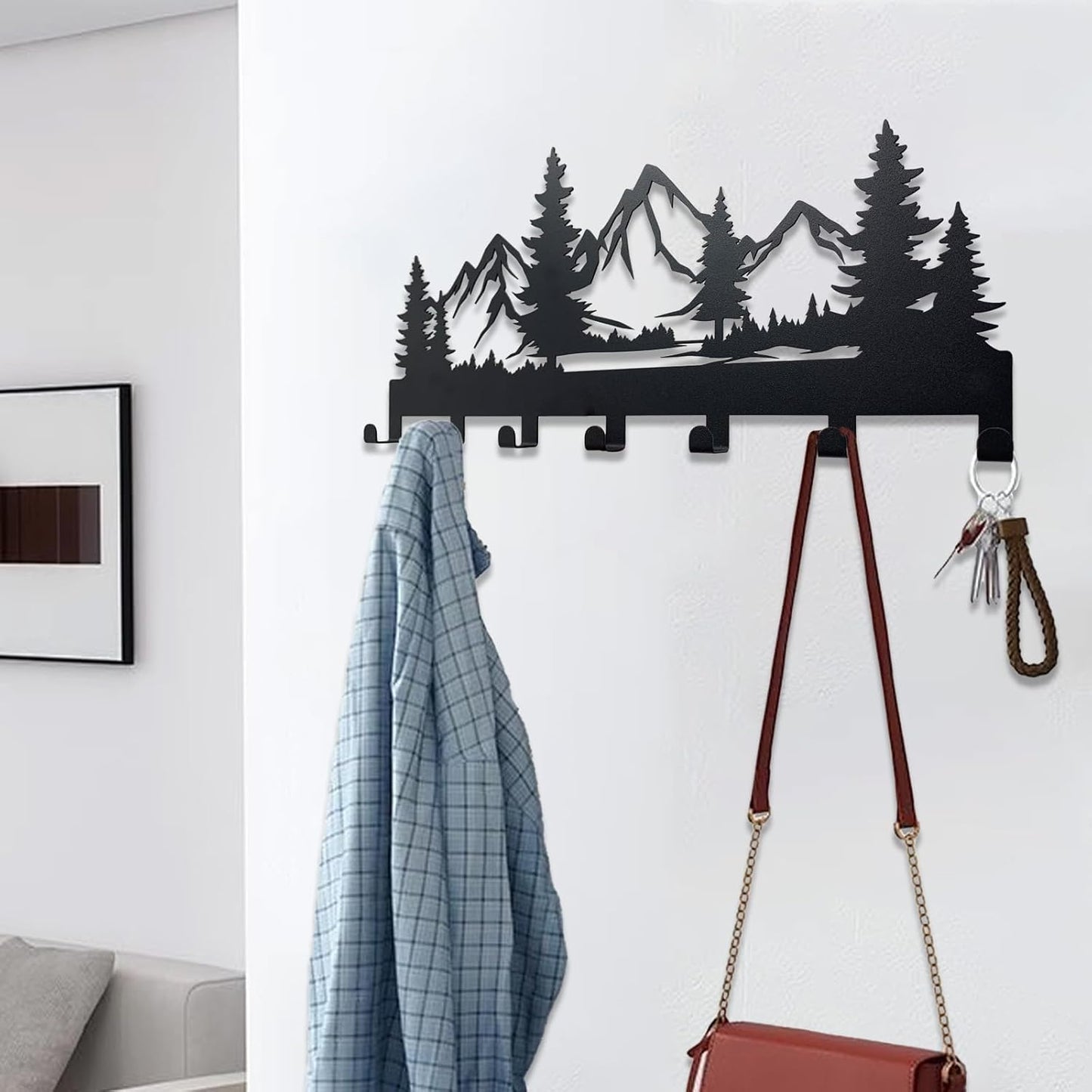 Metal Key Holder, Wall Mounted Key Hooks, Key Holder for Wall, Key Organizer Rack with 7 Hooks, Key Hanger Decor for Kitchen, Entryway, Hallway, Bedroom, Doorway (Mountain 12IN)
