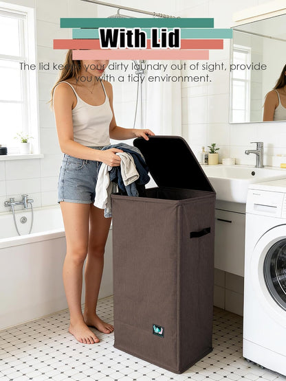 WTREE Laundry Hamper with Lid, Reinforced Sturdy Clothes Hamper with Anti-Puncture Base, Large Collapsible Laundry Basket with Removable Liner Bag, Tall Dirty Clothes Bin for Family, 100L Grey