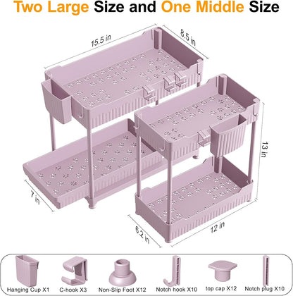 Sevenblue 3-Pack 2-Tier Under Sink Organizers with Sliding Drawers | Multi-use kitchen & bathroom storage, 12.8 inch black cabinet organizer, space-saving sliding drawer design.