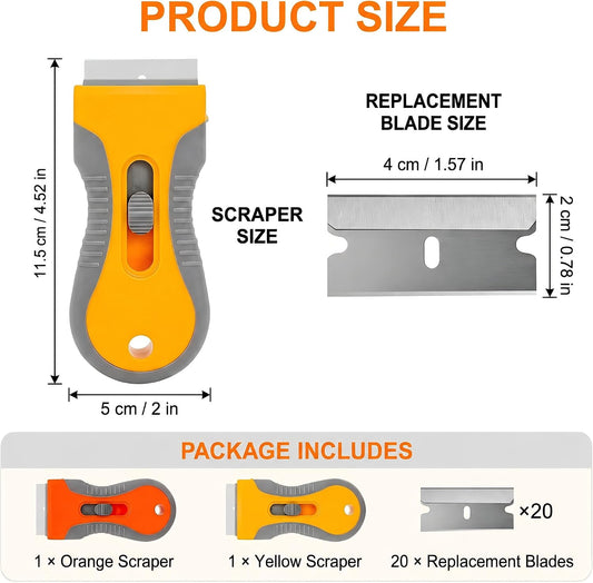 Retractable Razor Blade Scraper Tool, 2 Pack with 20 Extra Replacement Blades, Safety Lock Paint Scraper for Removing Stickers, Labels, Paint from Glass, Windows, Stovetop, Ceramic Surfaces