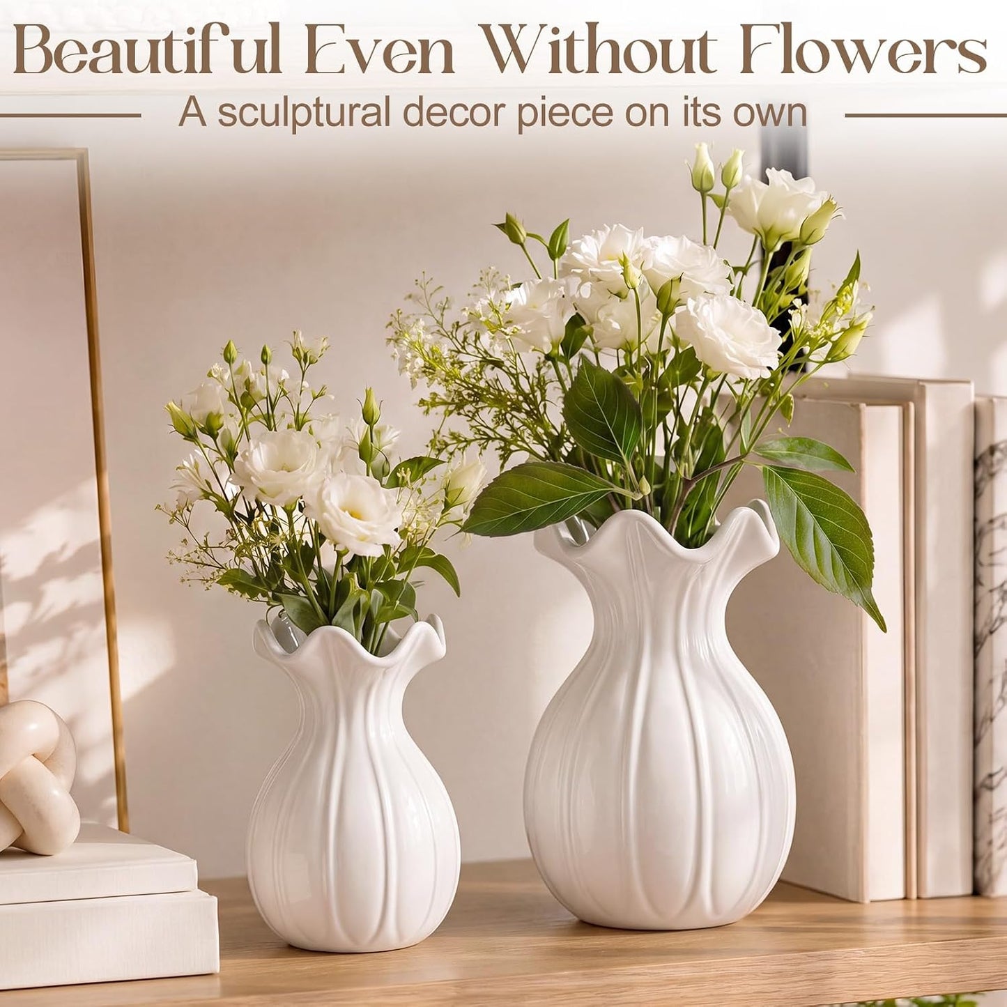 3 Pack White Ceramic Vase Set Small Rustic Decorative Vases Home Decor Wavy Edge Modern Flower Vases for Farmhouse Table Centerpiece Living Room Kitchen Bedroom (5.7,6.7,7.9in,Elegant)