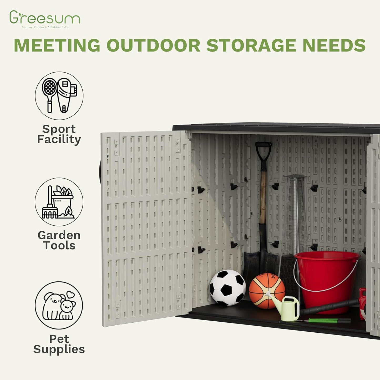 Greesum Outdoor Storage Cabinet, 26 CUFT Deck Box Without Shelves, Waterproof Plastic Storage Shed for Patio Cushions, Gardening Tools, Lockable and Sidehandles, UV Resistant, Beige