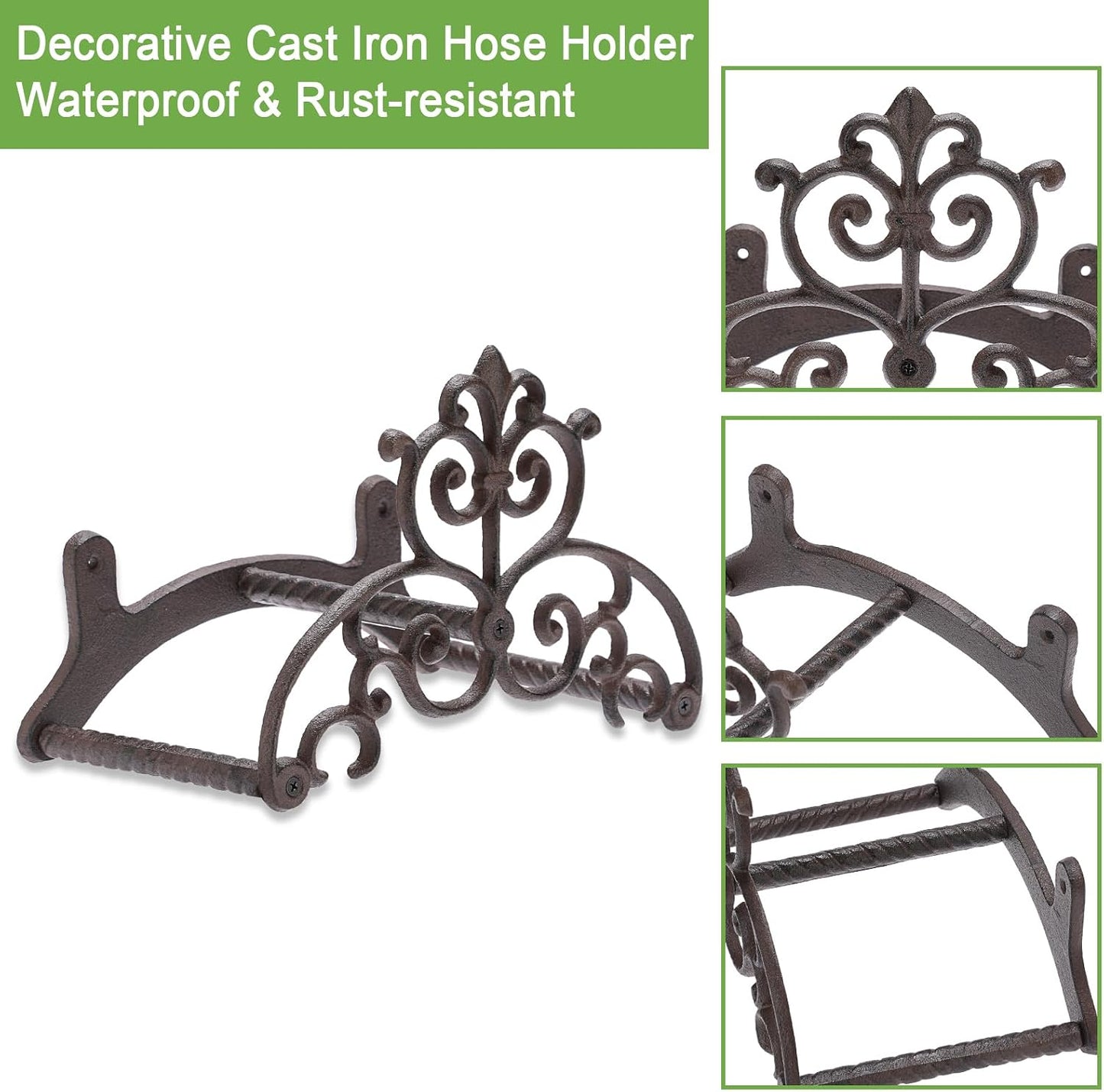 OwnMy Cast Iron Garden Hose Holder Heavy Duty Wall Mount Water Hose Reels Holder, Decorative Water Hose Hanger Garden Hose Storage Organizer Rack for Outdoor Lawn Yard, 10"L x 4.7"W x 6.5"H