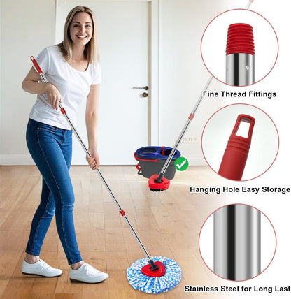 Mop Replace Heads Mop Handle and Base Replacement for O Cedar EasyWring 1-Tank Spin Mop System, 2 Microfiber Mops Refills, 4-Section Iron Mop Handle 30-58Inch and 1 Mopping Heads Cover Set (No Bucket)