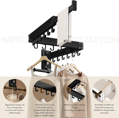 Wall Mounted Tri-Fold Clothes Drying Rack, Heavy Duty Collapsible Laundry Drying Rack, Space-Saving Retractable Foldable Drying Rack Clothes for Laundry Room Balcony Bathroom,Black-Hooks