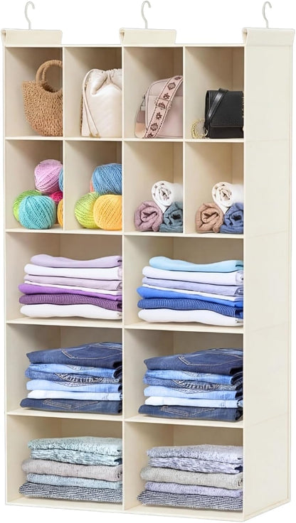 Ofiray-home 6 Tier Hanging Closet Organizer, 16 Compartments Sweater Organizer for Closet with 3 Sturdy Hooks, Closet Organizers and Storage, Wardrobe, Rv, Garment Rack, Grey