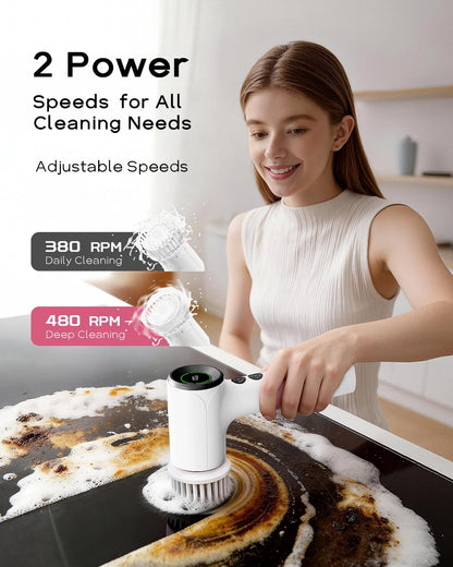PUFTEM Electric Spin Scrubber for Bathroom Cleaning, Cordless Shower Scrubber with 6 Brush Heads, Dual-Direction Rotation, Handheld Cleaning Brush for Grout, Tile, Tub, Sink & Corners, White