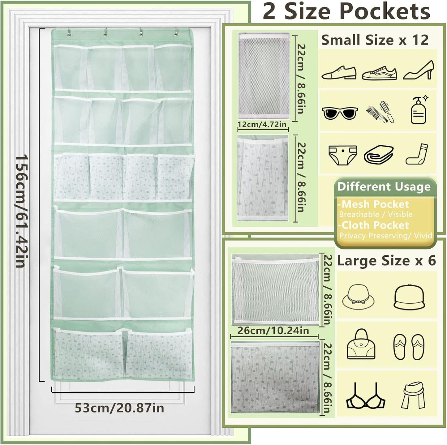 2 Pack- 12 Pocket Over Door Hanging Storage Organizer with 4 Kinds Pouch,Back of Closet Hanging Shelf Storage Organization for Sock,Hat,Underwear,Behind Door Caddy in Bedroom,Bathroom,Entrance,Dorm,RV