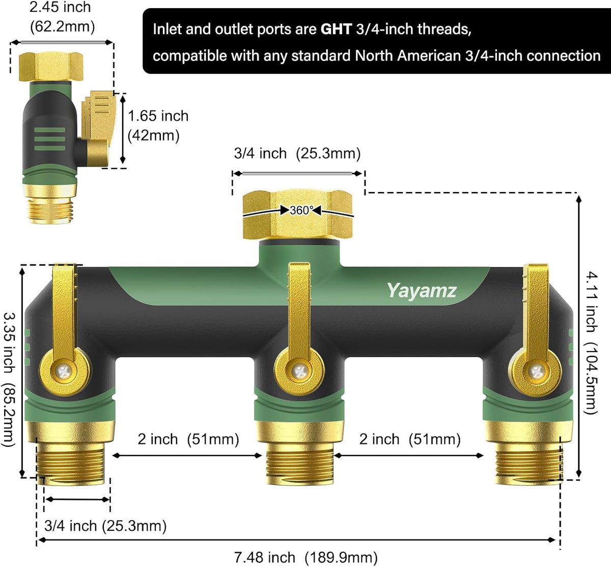 3 Way Garden Hose Splitter, High Flow Outdoor Faucet Splitter with 3 Independent Shut Off Valves, Wide Spacing for Timers, Standard 3/4" GHT for Lawn Yard Garden Watering