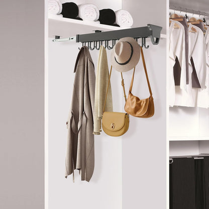 Pull Out Broom Holder Wall Mount, 20-Hook Slide Rail Organizer with Damping System, 66lb Heavy Duty Brooms and Mops Pull Out Storage Rack for Brooms/Mops/Clothes, Laundry Room & Kitchen, Black