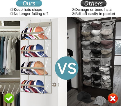 AOODA Clear Over the Door Hat Racks for Baseball Caps, Large Holds up to 72 Caps Hat Storage Organizer for Closet Wall, Deep Pockets Hanging Snapback Holder Shelves with 3 Hooks, White