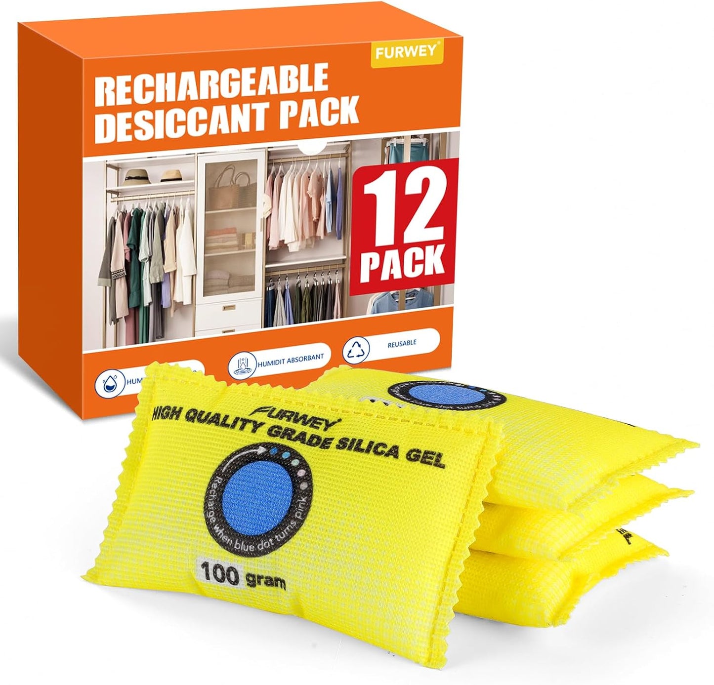 FURWEY 2 Pack Rechargeable Desiccant Packs, 100g Each, Blue, Color Indicating Silica Gel Dehumidifier Bags for Storage, Closets, Cars, Bins