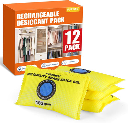 FURWEY 2 Pack Rechargeable Desiccant Packs, 100g Each, Blue, Color Indicating Silica Gel Dehumidifier Bags for Storage, Closets, Cars, Bins