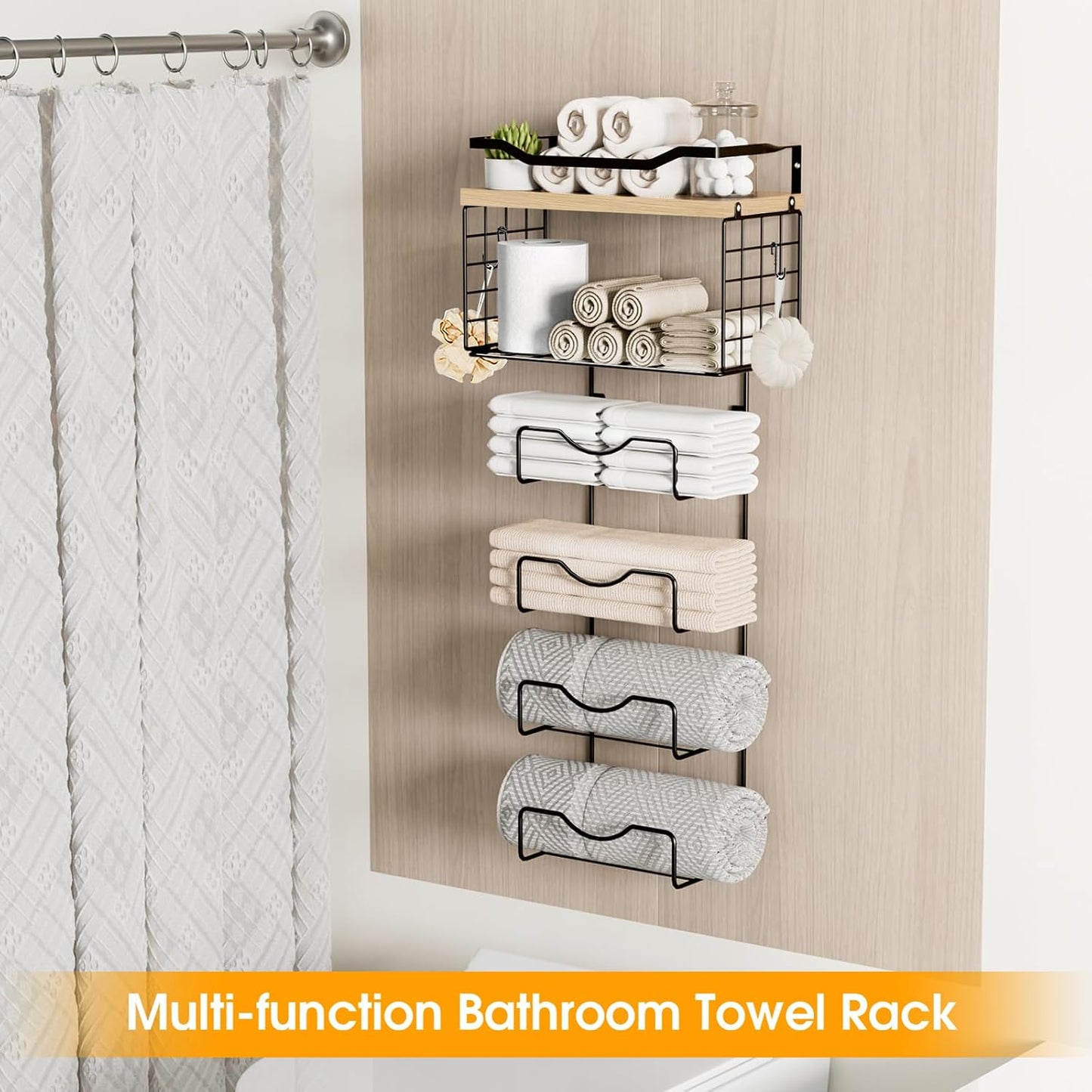 Towel Racks for Bathroom,Towel Rack Wall Mounted, 6 Tier Rolled Or Folded Towel Holder with Floating Shelves, Bathroom Towel Holder for Bath, Hand Towels,Metal and Wood