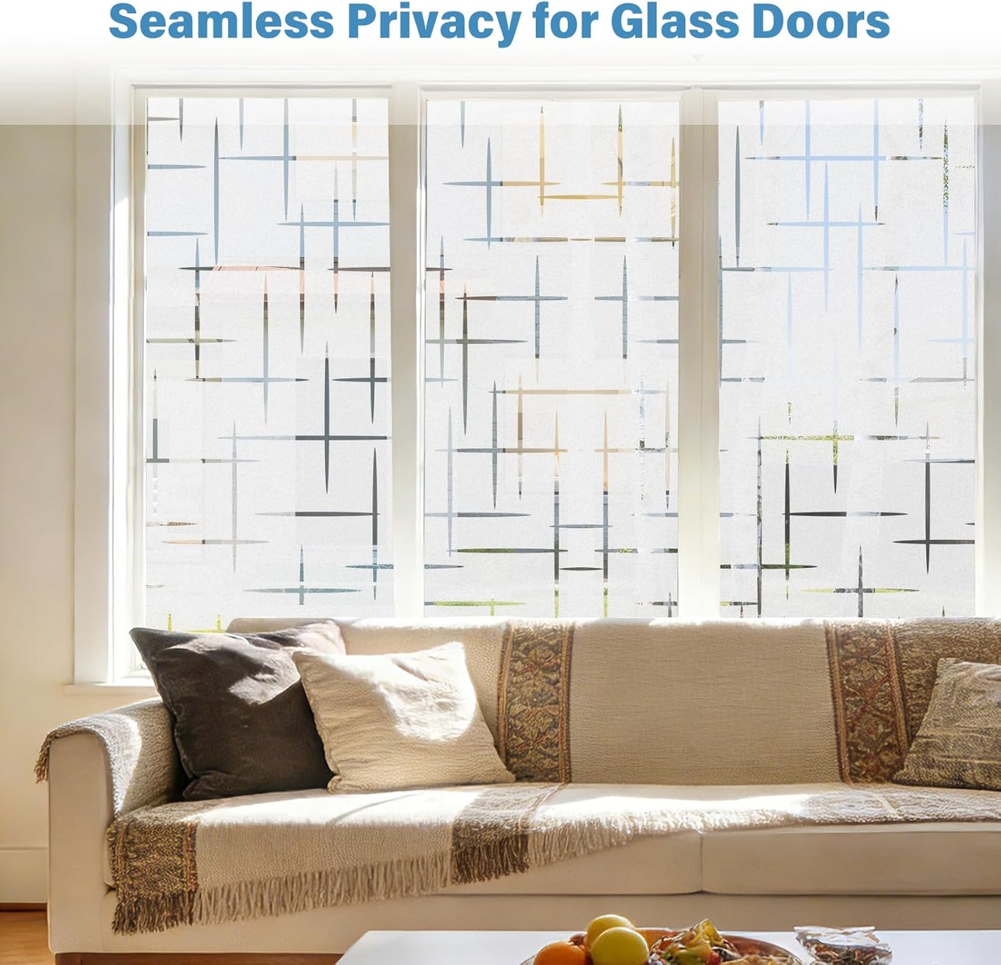 Finnez Frosted Window Film Non-Adhesive, Frosting Privacy Film for Glass Windows, Self Static-Cling Decorative Window Cling for Home Office UV Protection Cross Pattern 17.5 x 78.7 inches
