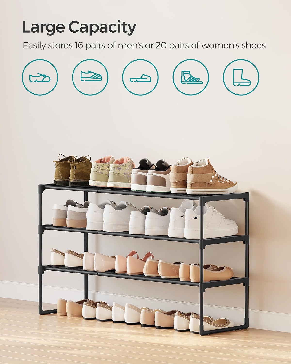 SONGMICS Shoe Rack, 6-Tier Shoe Organizer, Metal Storage Shelf, Upright or Upside Down, for 24-30 Pairs, Stackable, for Entryway, 11.8 x 36.2 x 42.7 Inches, Black ULSA306BH01